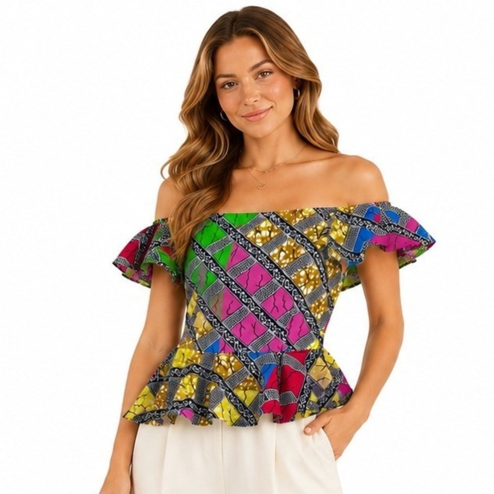 Shenbolen‎ Peplum Top Womens Small Multicolor African Wax Print Off Shoulder